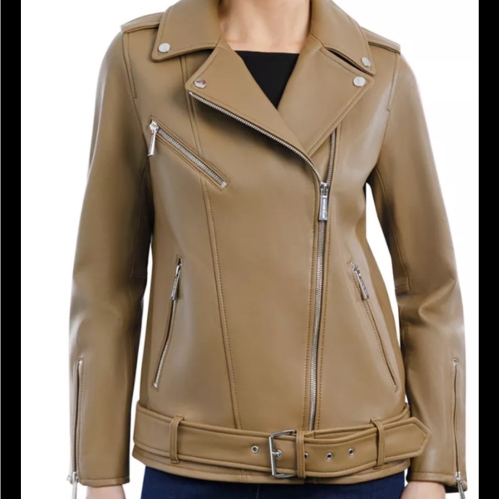 Michael Kors Genuine Leather 24” Length Moto Jacket, Sz L,$490,New,Color: Husk